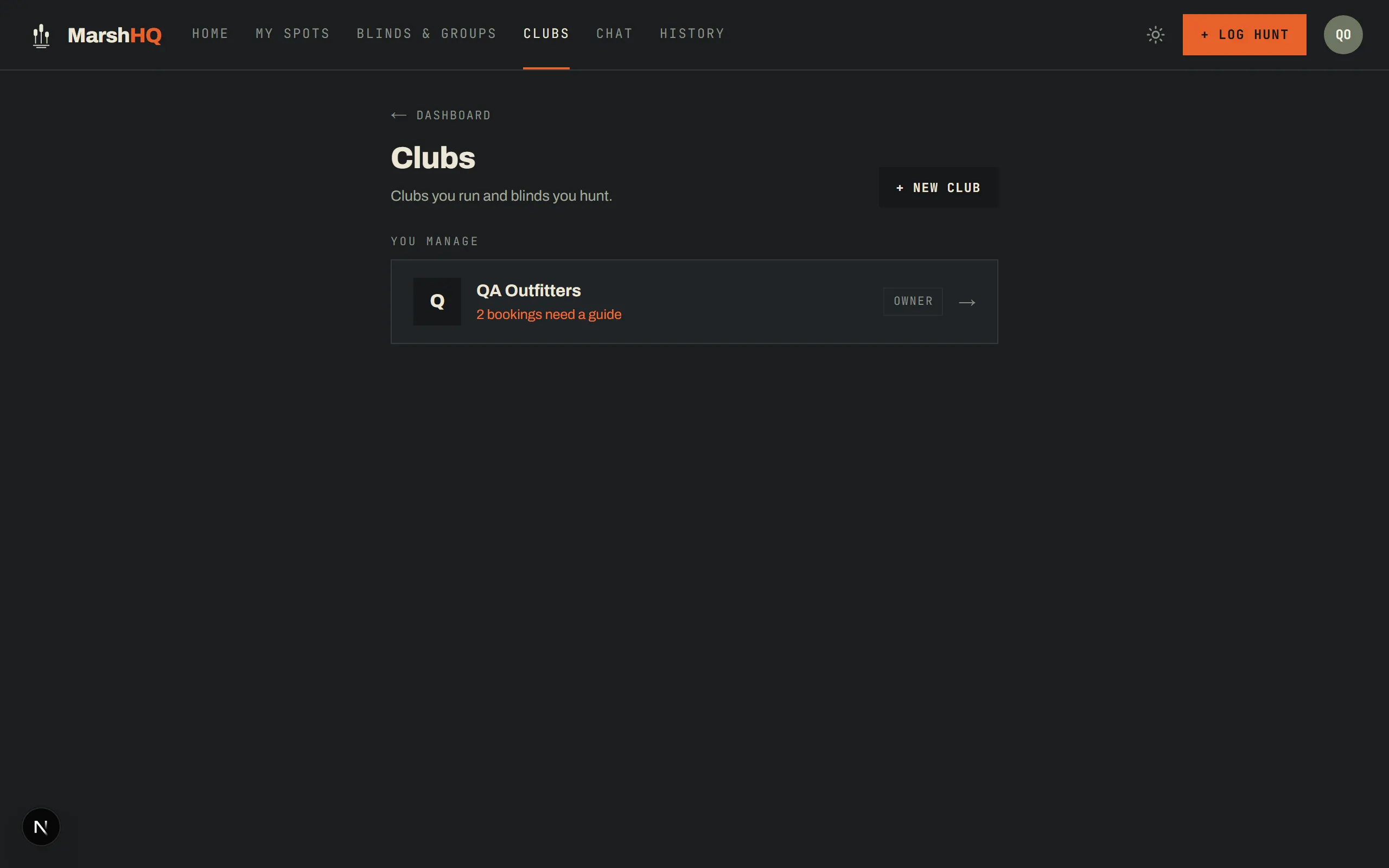 MarshHQ Clubs page showing a club an operator manages, with an alert that two bookings still need a guide assigned