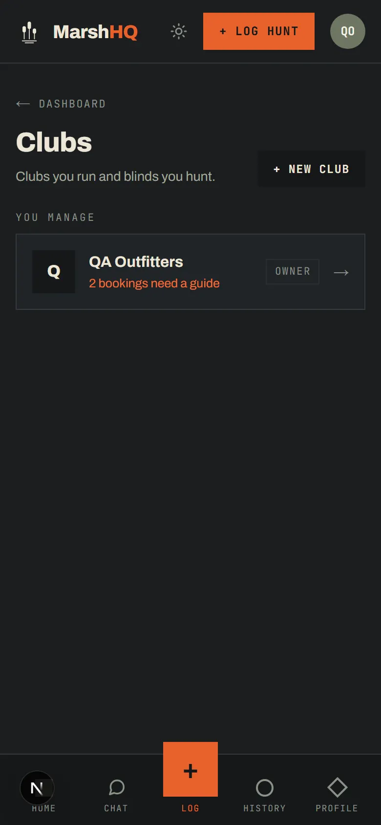 MarshHQ Clubs page showing a club an operator manages, with an alert that two bookings still need a guide assigned