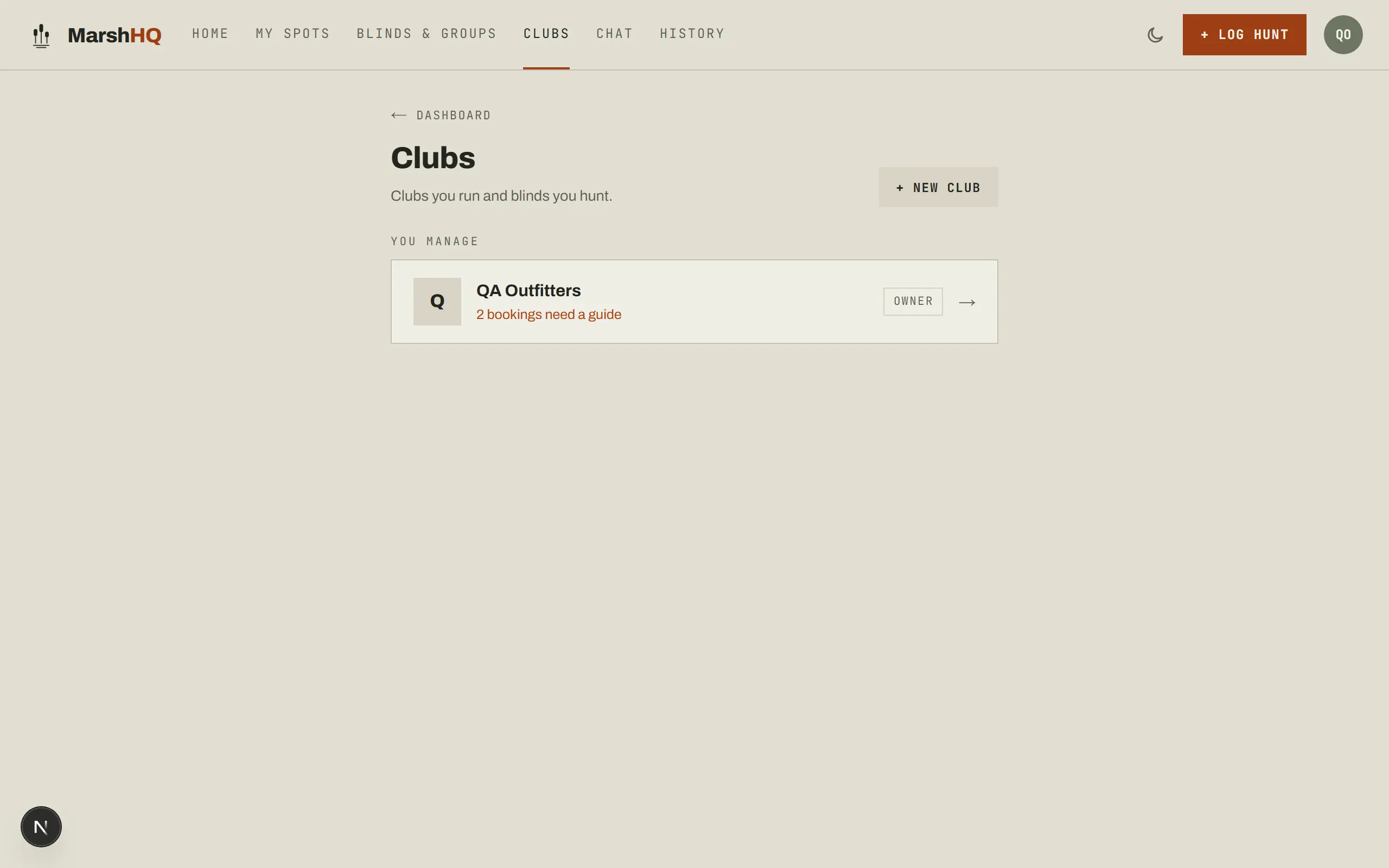 MarshHQ Clubs page showing a club an operator manages, with an alert that two bookings still need a guide assigned