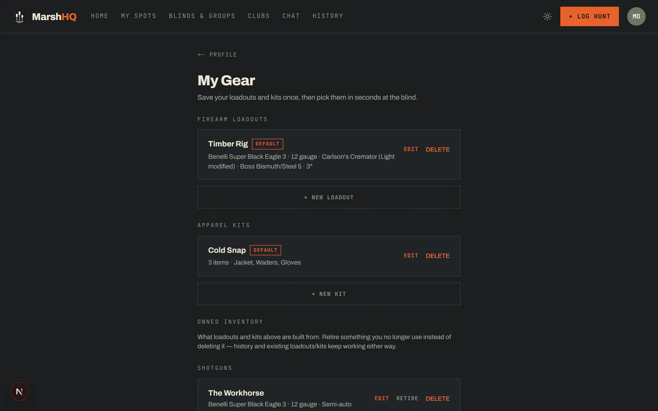 MarshHQ My Gear page showing a saved firearm loadout and apparel kit, with the owned-inventory list they were built from below