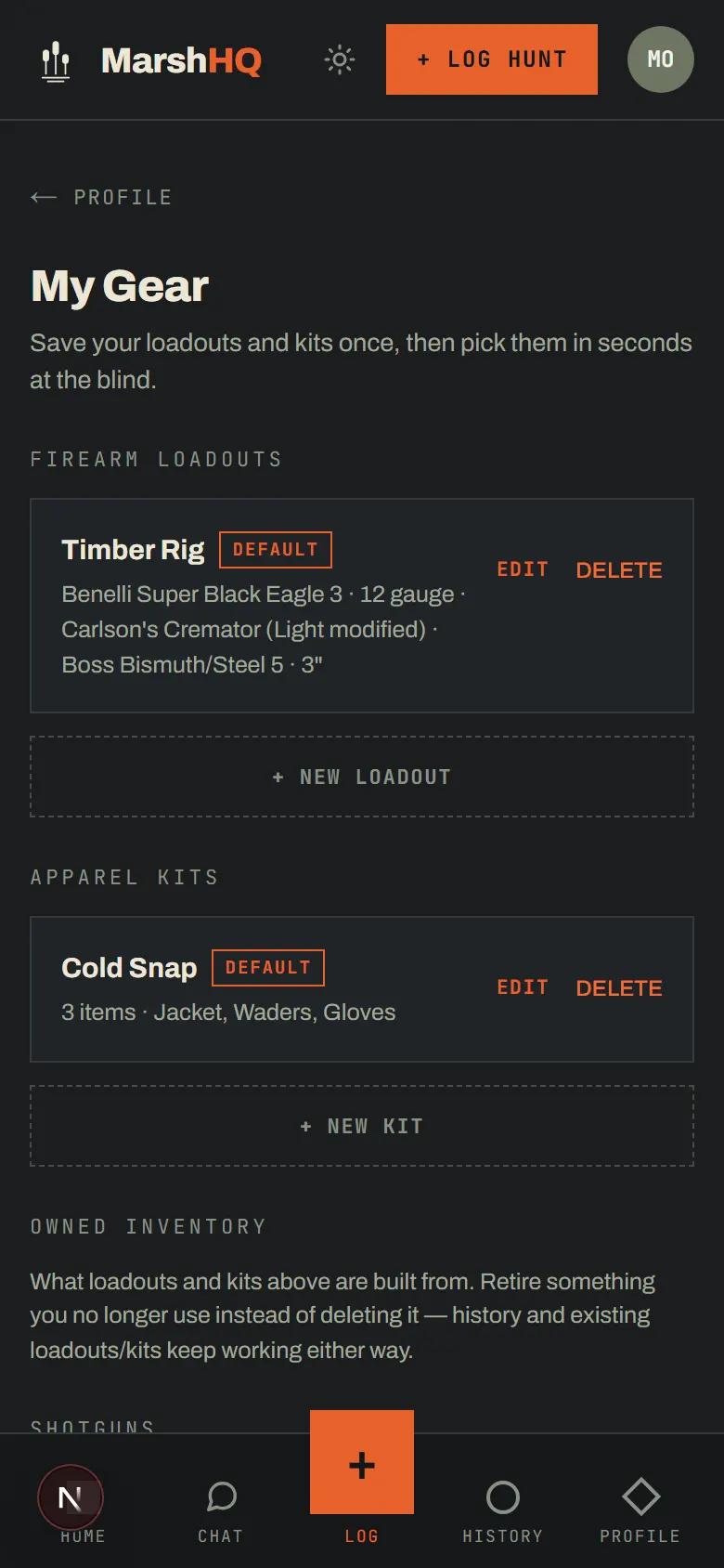 MarshHQ My Gear page showing a saved firearm loadout and apparel kit, with the owned-inventory list they were built from below