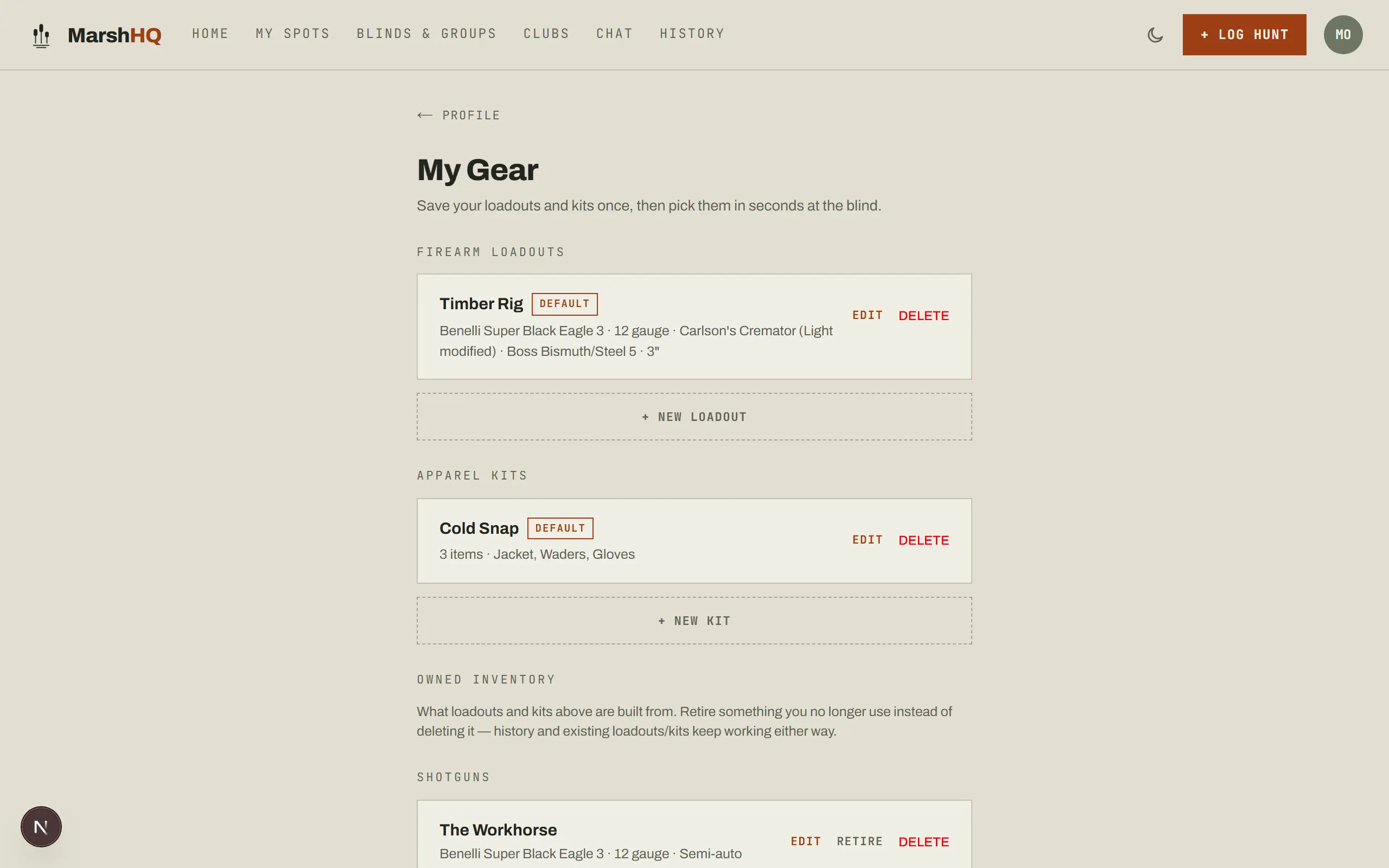 MarshHQ My Gear page showing a saved firearm loadout and apparel kit, with the owned-inventory list they were built from below