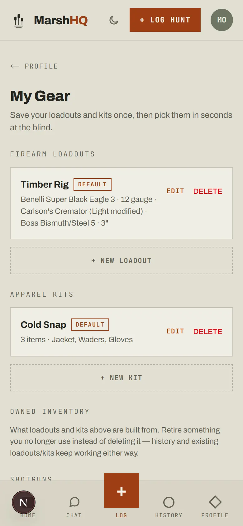 MarshHQ My Gear page showing a saved firearm loadout and apparel kit, with the owned-inventory list they were built from below