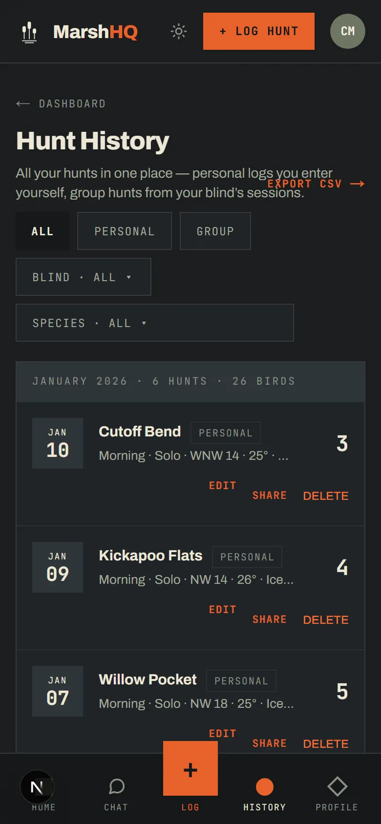 MarshHQ hunt history page listing personal and group hunts by date, with species counts, filters, and a season-to-date summary panel