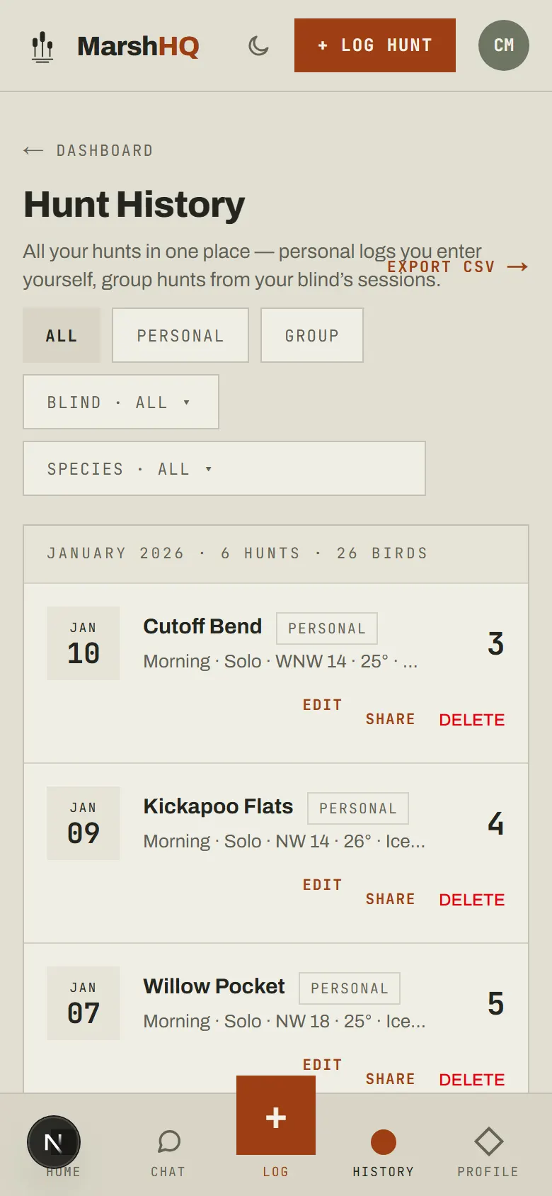 MarshHQ hunt history page listing personal and group hunts by date, with species counts, filters, and a season-to-date summary panel