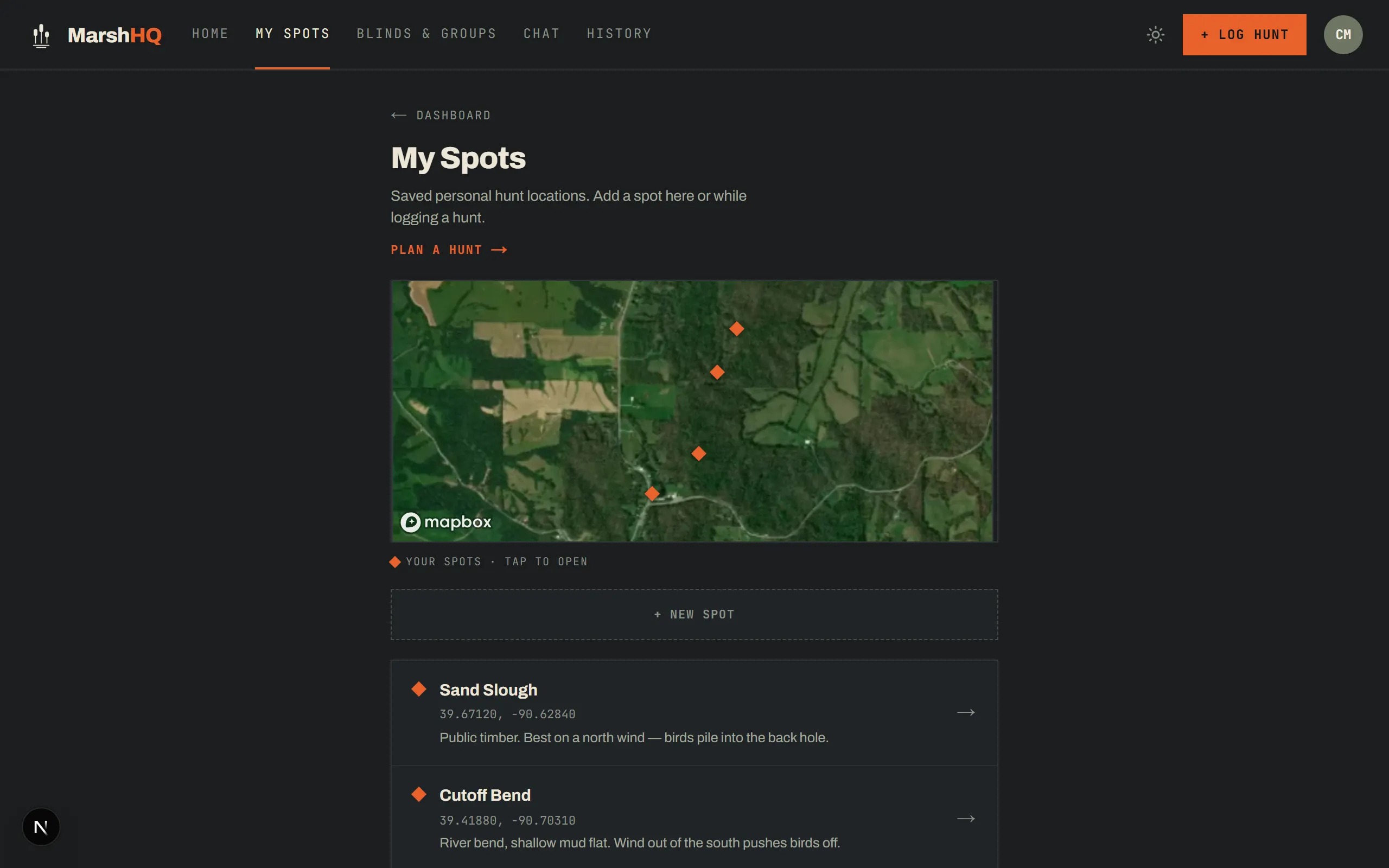 MarshHQ My Spots page showing saved hunting locations pinned on a satellite map, each with coordinates and a personal note