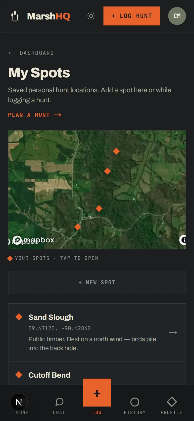 MarshHQ My Spots page showing saved hunting locations pinned on a satellite map, each with coordinates and a personal note