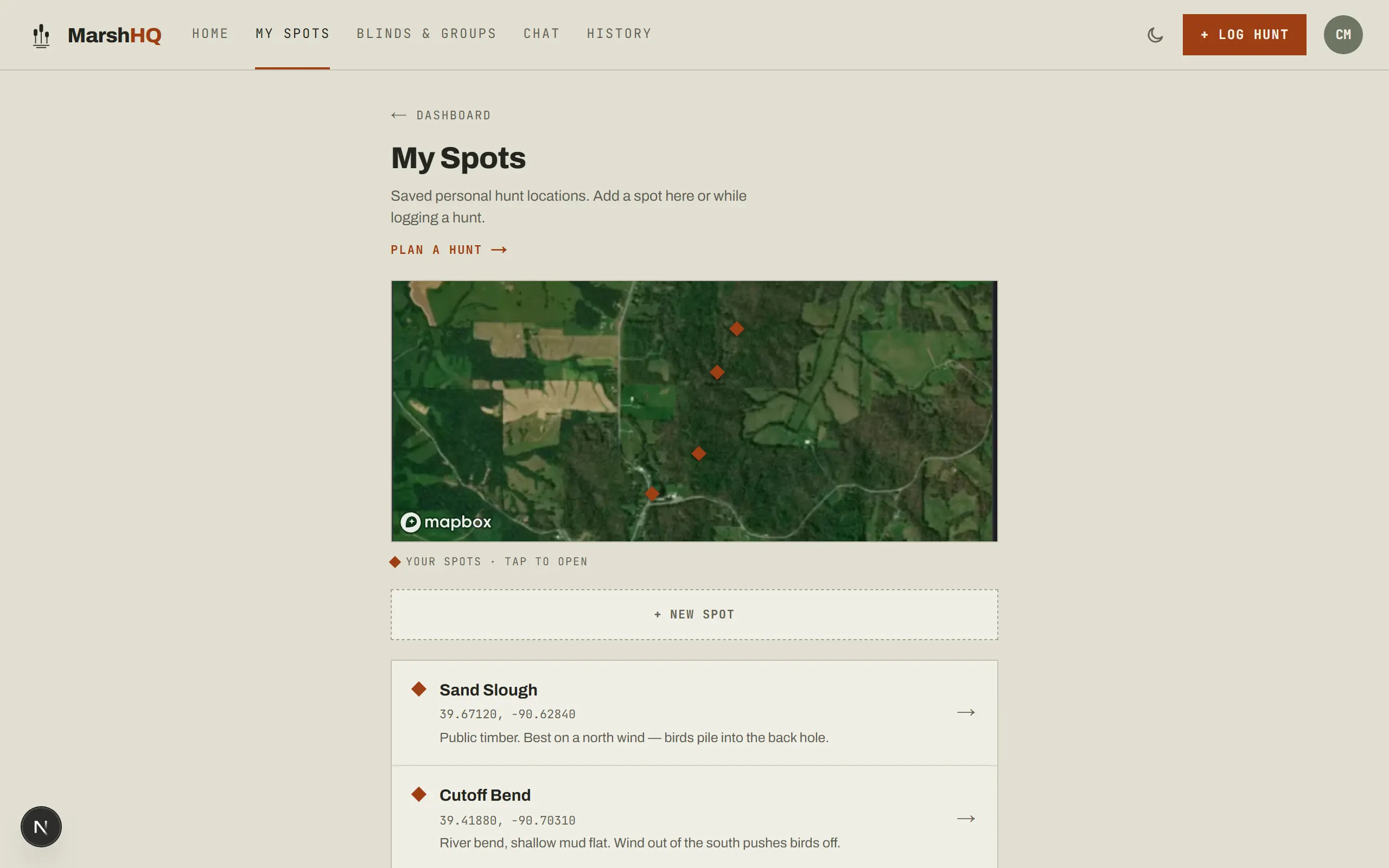 MarshHQ My Spots page showing saved hunting locations pinned on a satellite map, each with coordinates and a personal note