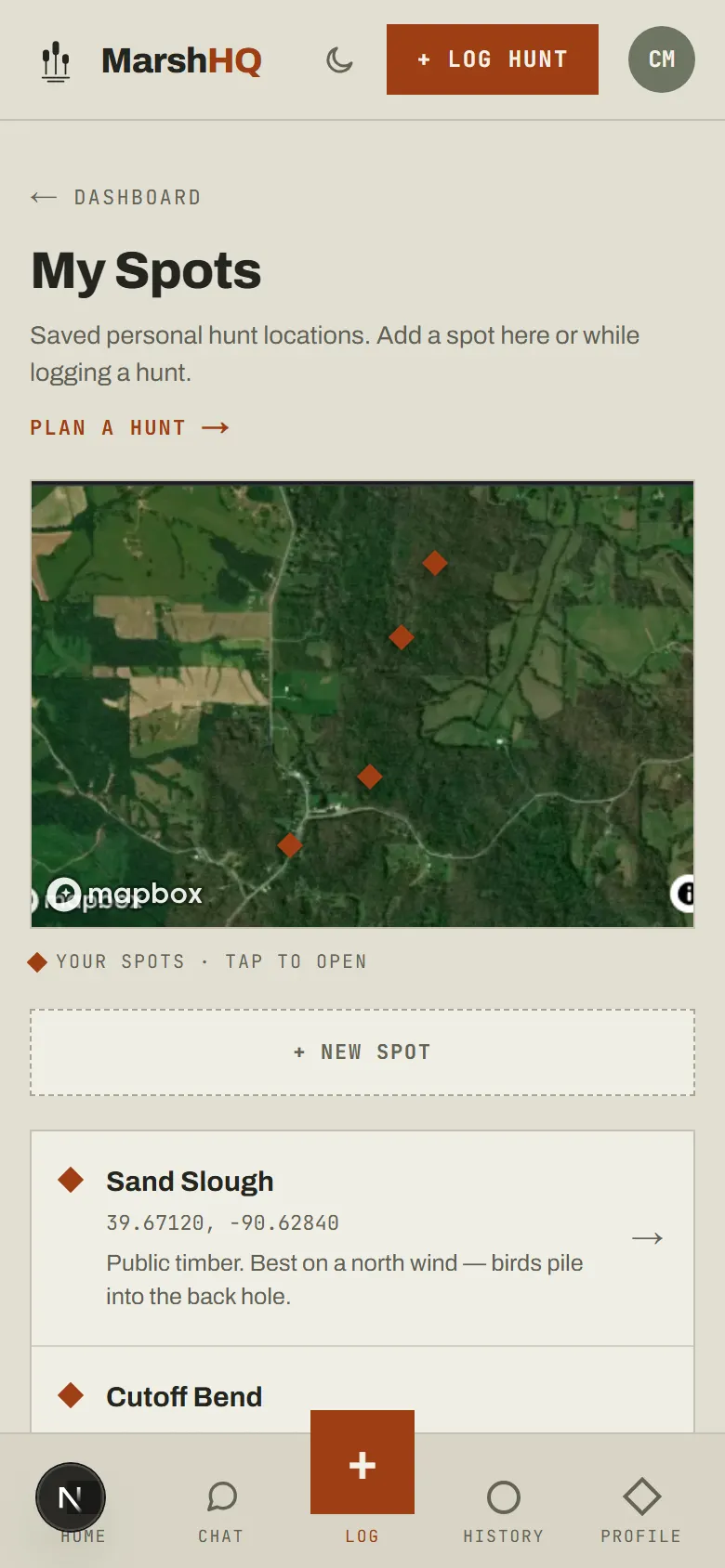MarshHQ My Spots page showing saved hunting locations pinned on a satellite map, each with coordinates and a personal note